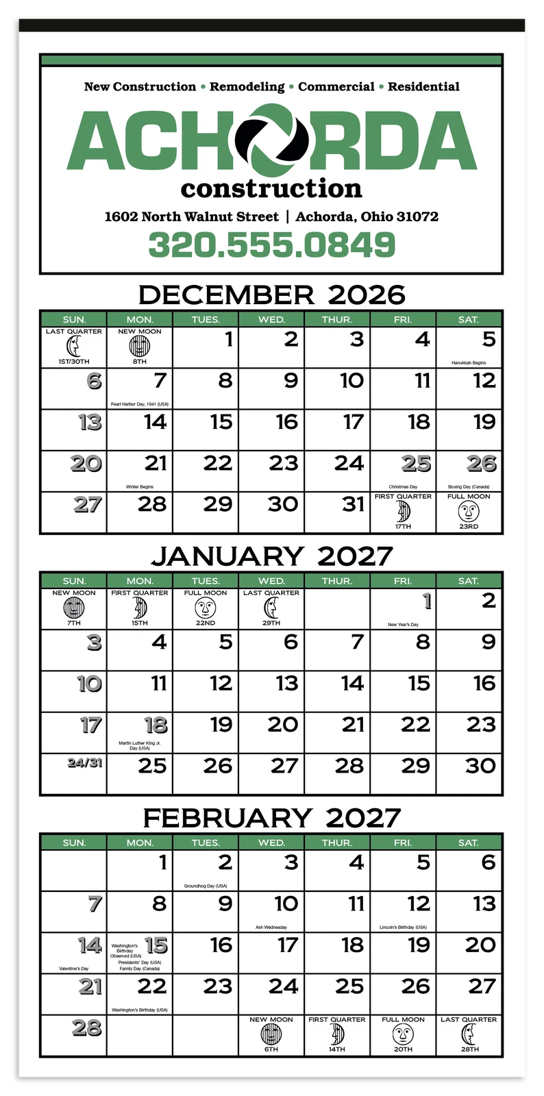 3-Month Display 12-Sheet Calendar
