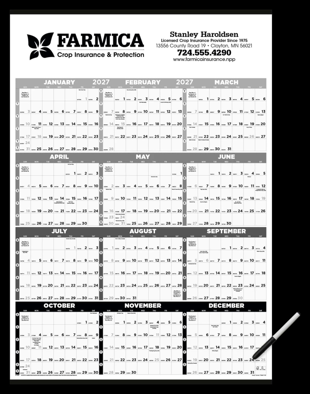 Black & White Time Management Span-A-Year Laminated w/Marker Calendar