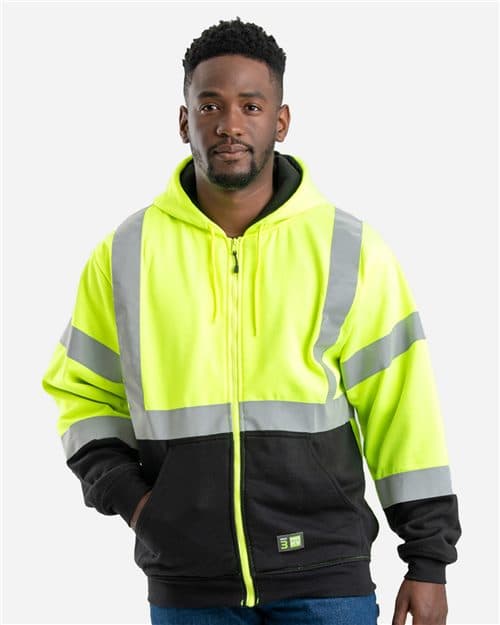 Berne Apparel Men's Hi-Vis Class 3 Color Block Full-Zip Hooded Sweatshirt