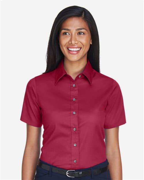Harriton Women's Easy Blend™ Short Sleeve Twill Dress Shirt with Stain-Release