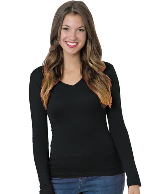 Bayside Junior's USA-Made Deep V-Neck Long Sleeve T-Shirt
