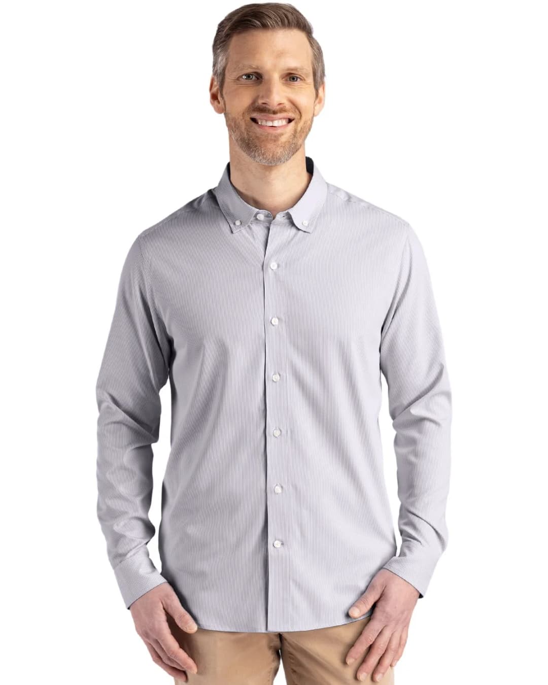 Cutter & Buck Skyline Recycled Pinstripe Mens Big & Tall Long Sleeve Button Down Dress Shirt