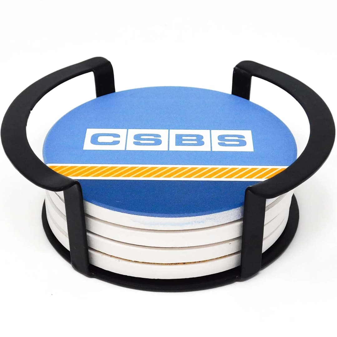 4 Pc. Round Ceramic Coaster Set In Black Metal Stand