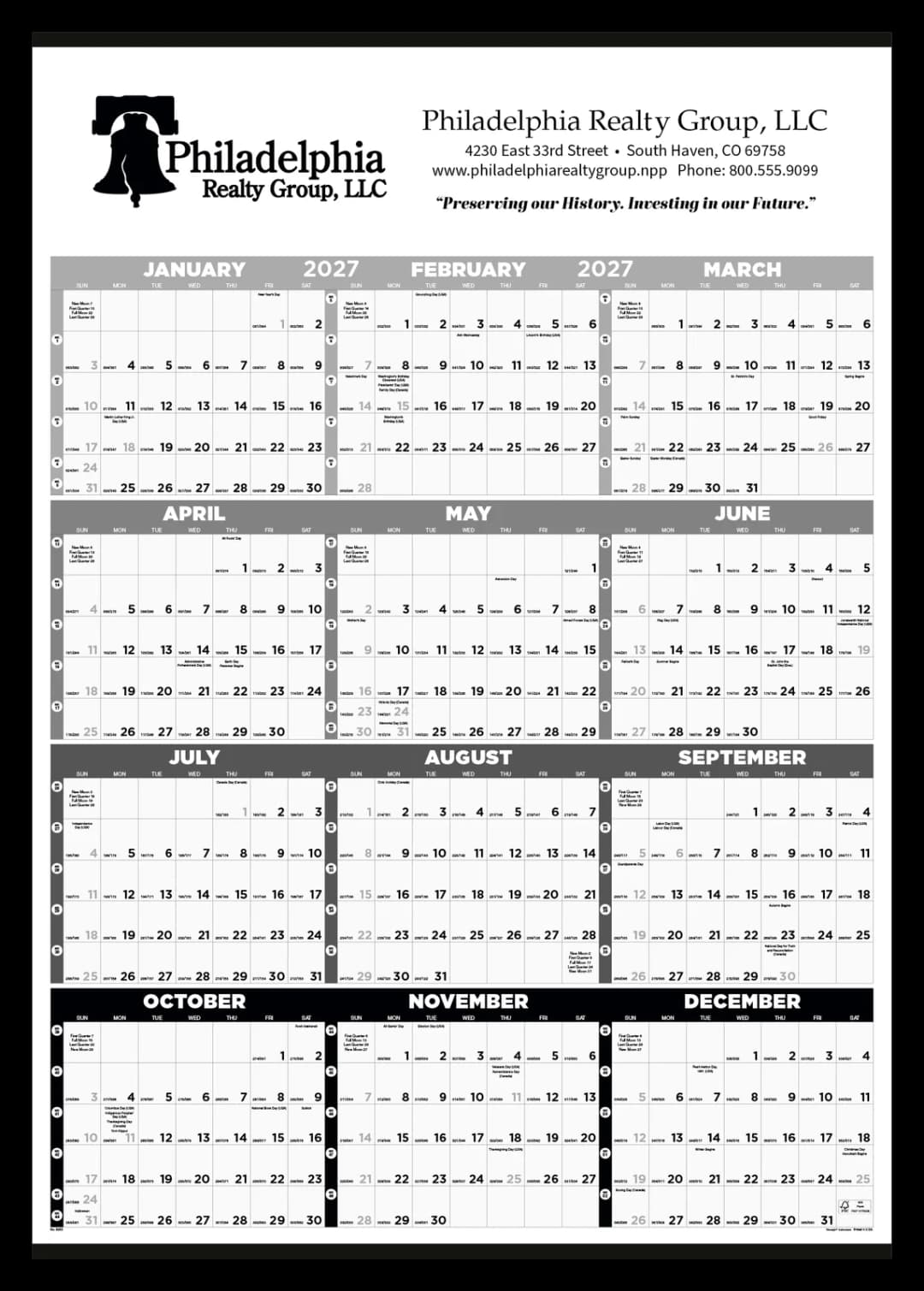 Black & White Time Management Span-A-Year Non-Laminated Calendar