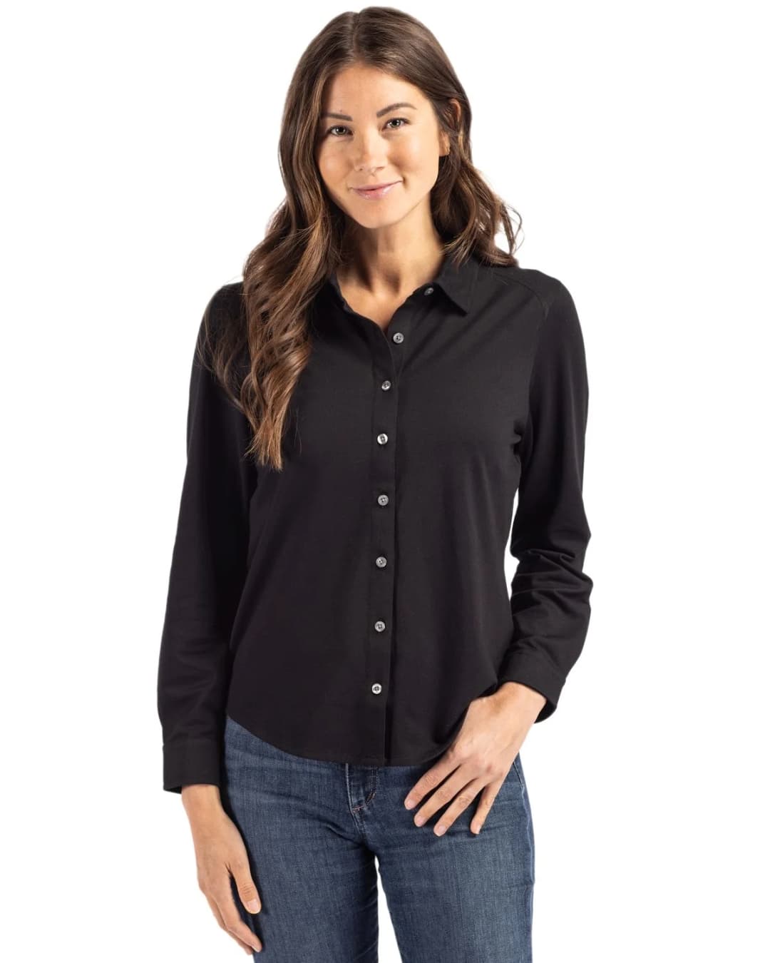 Cutter & Buck Advantage Recycled Cotton-Blend Pique?Womens?Long Sleeve Button?Down Shirt