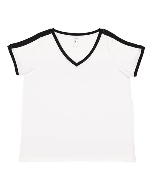 LAT Women's Curvy Retro Ringer Premium Jersey V-Neck Tee