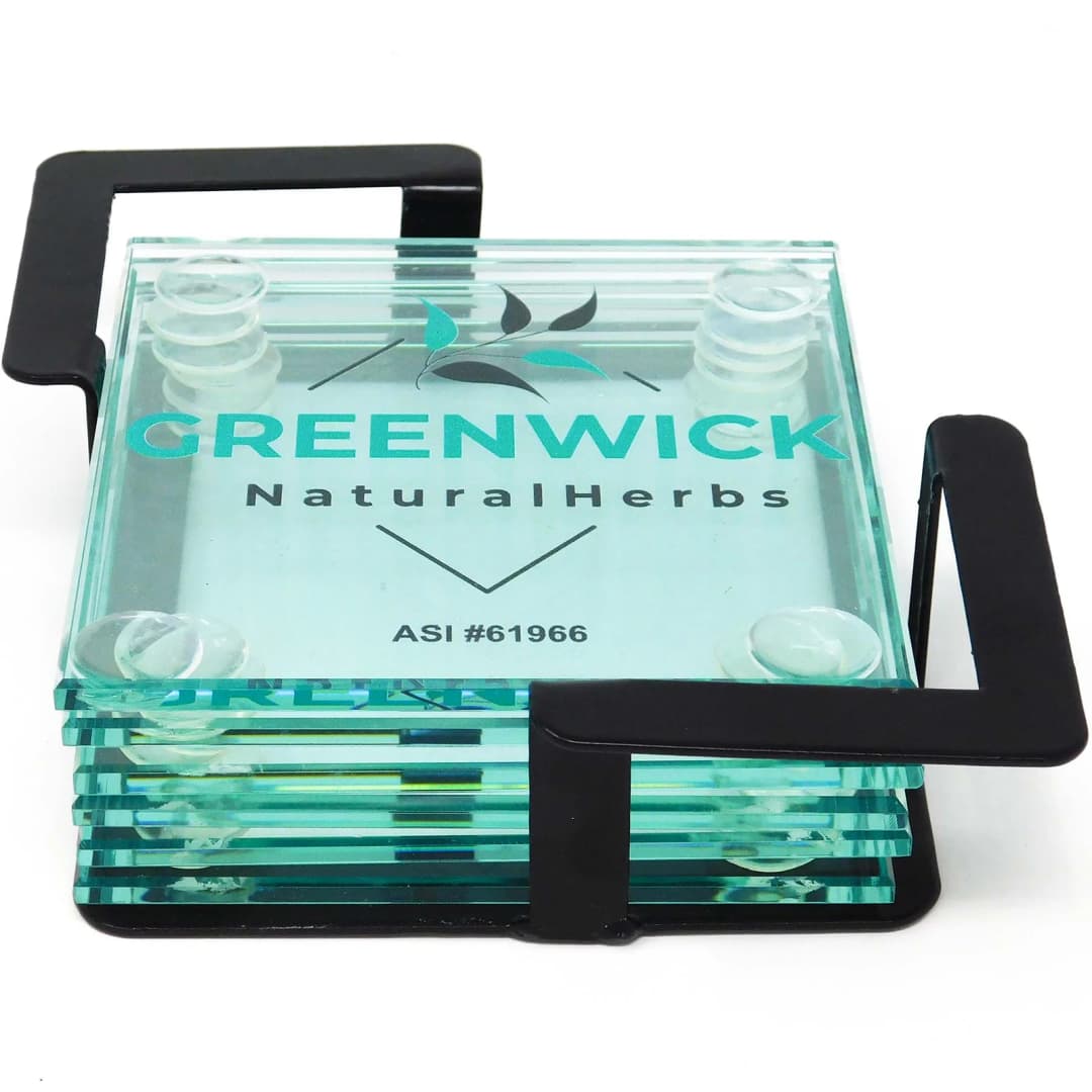 Square Glass Coasters: 6 Piece Set In Metal Stand