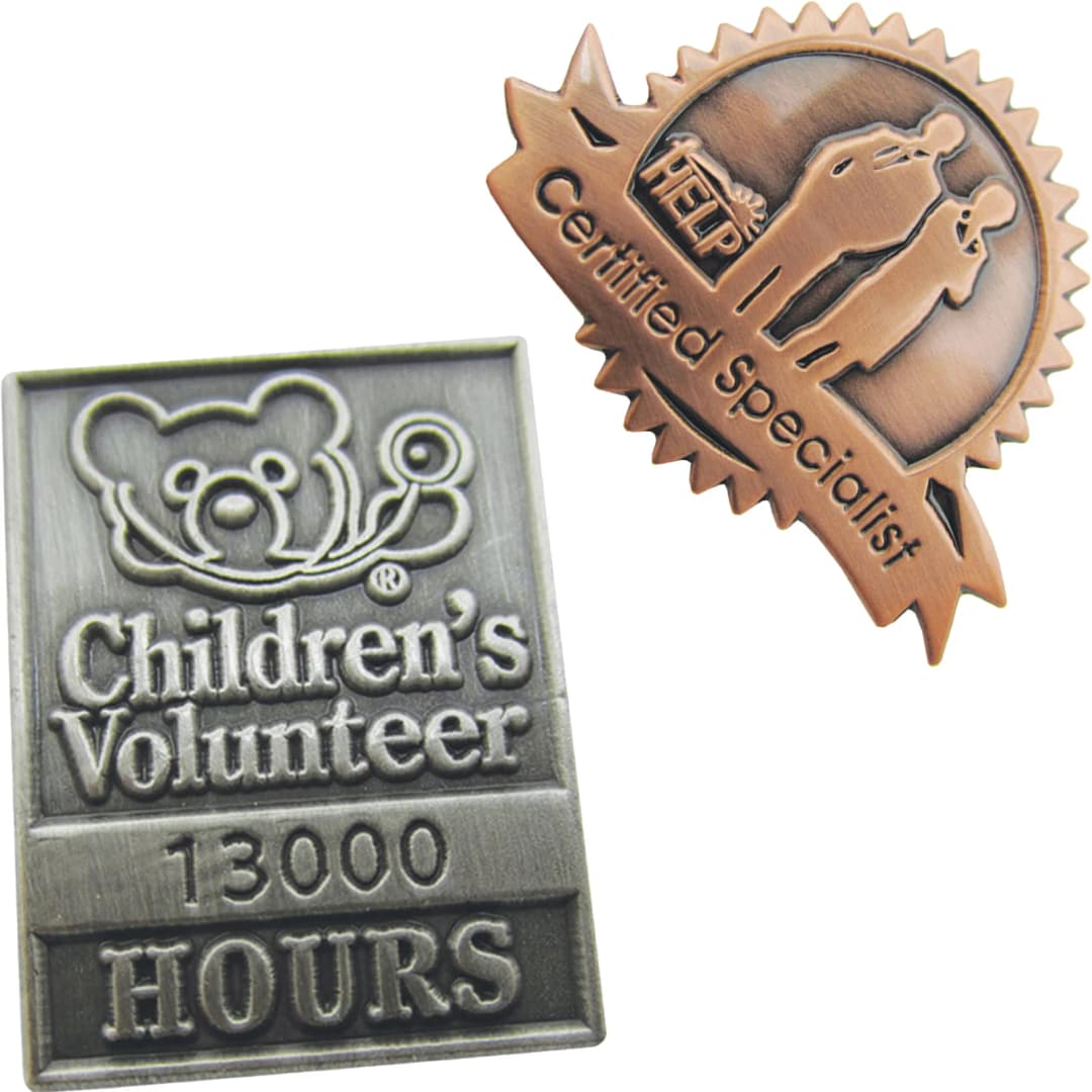 Diestruck Antiqued Lapel Pins: 1 1/2" W X 1 1/2" H