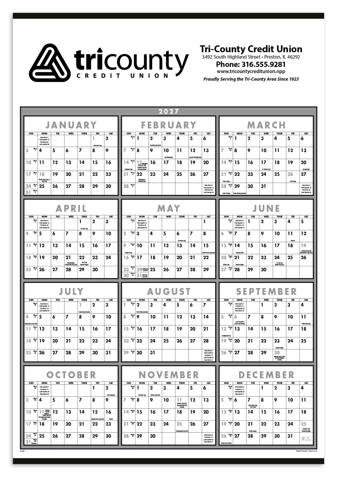 Black & White Span-A-Year Non-Laminated Calendar