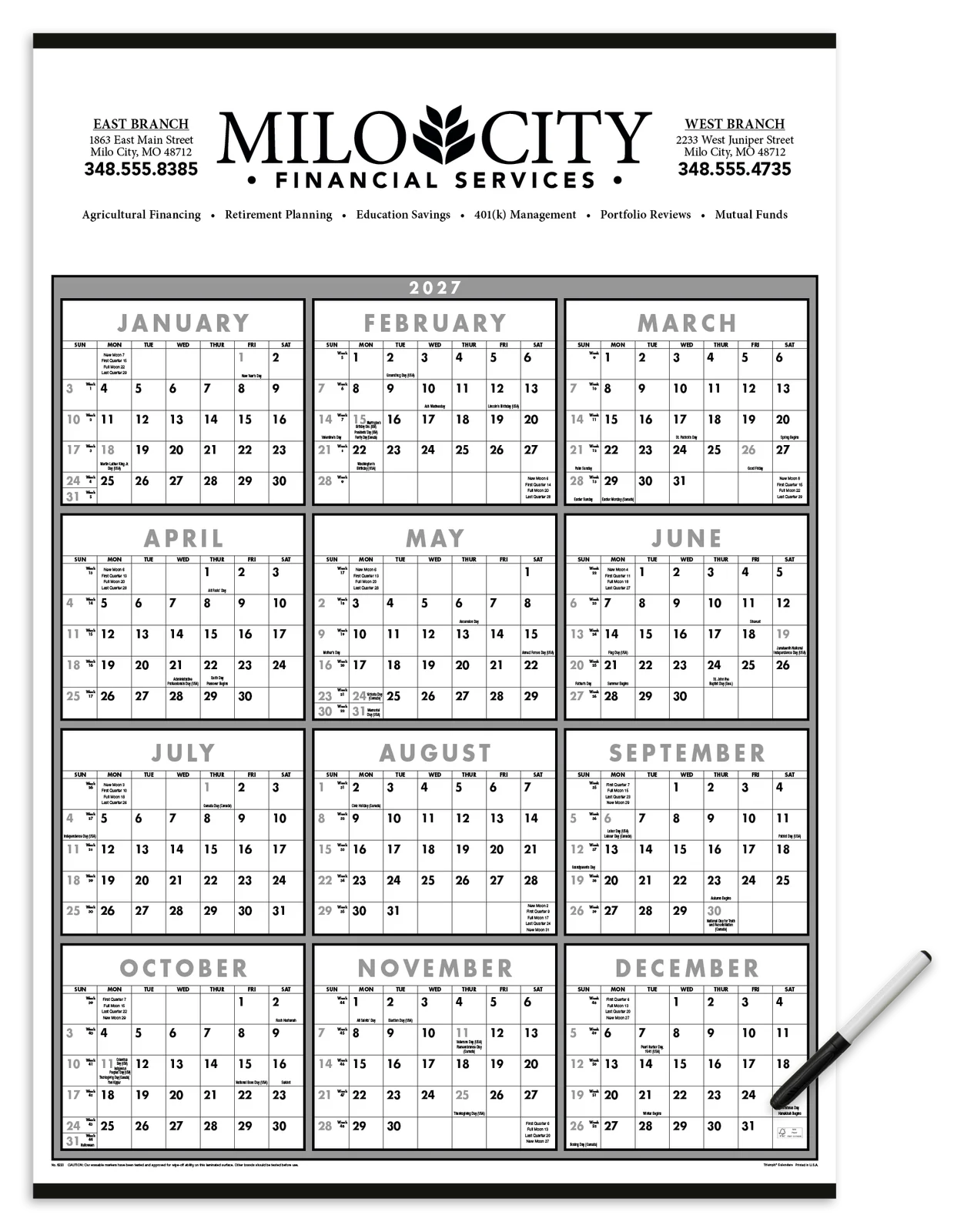 Black & White Span-A-Year Laminated w/Marker Calendar