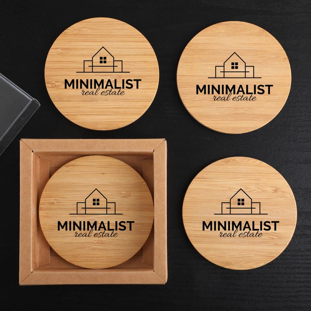Round Bamboo 4 Pc. Coaster Set In Box