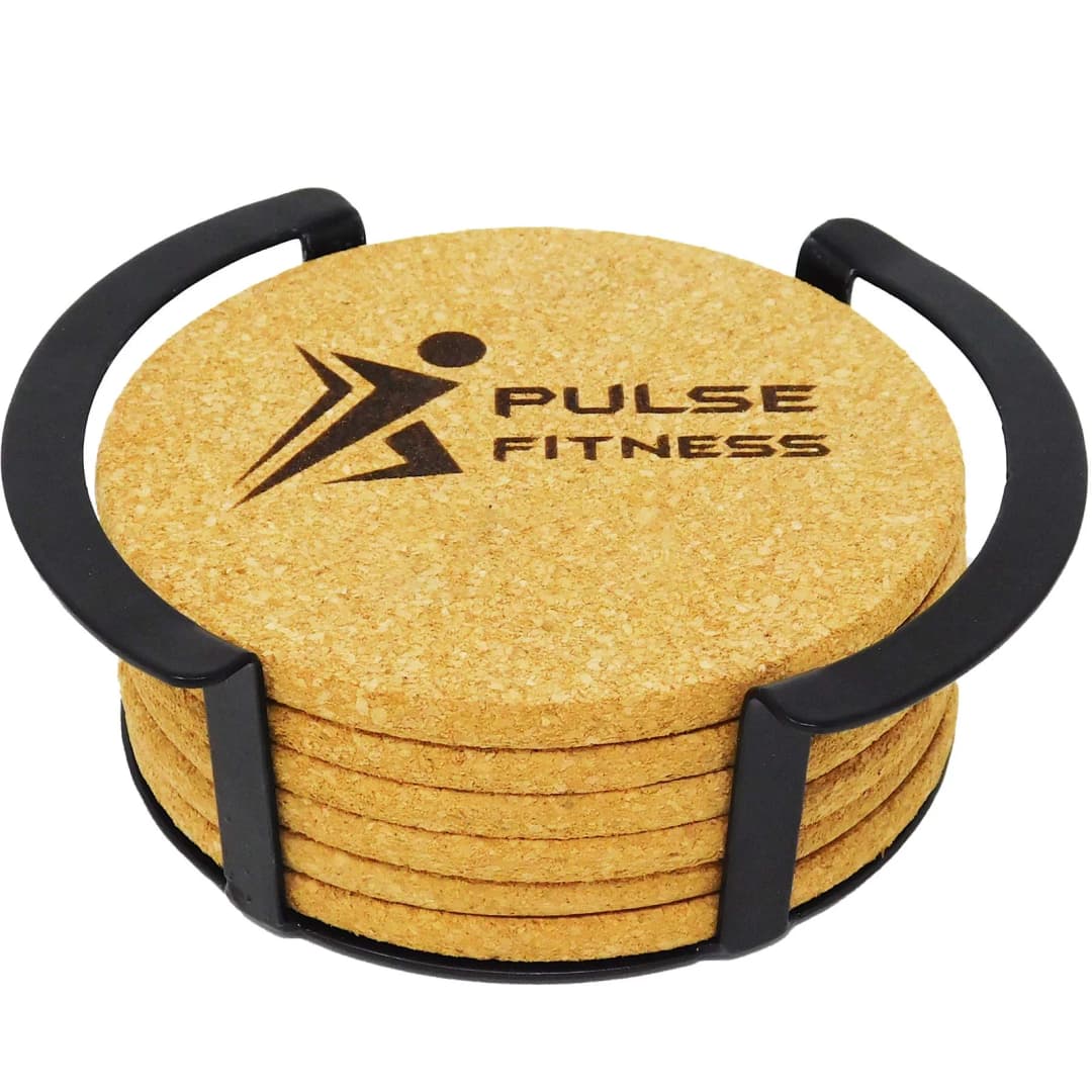 6 Pc. Round Cork Coaster Set with Black Metal Stand