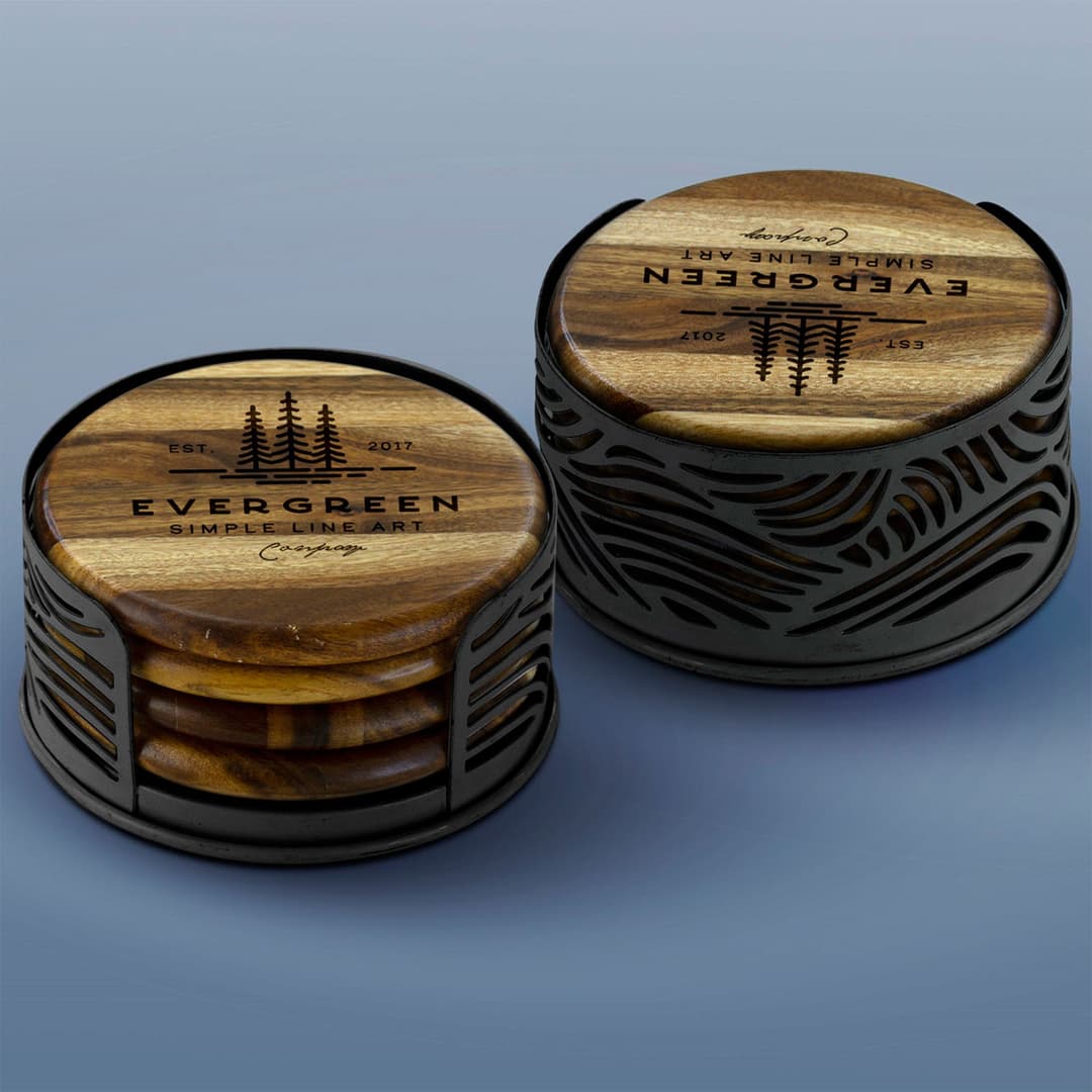 Acacia Wood Coaster: 4 Piece Round Set With Black Metal Stand