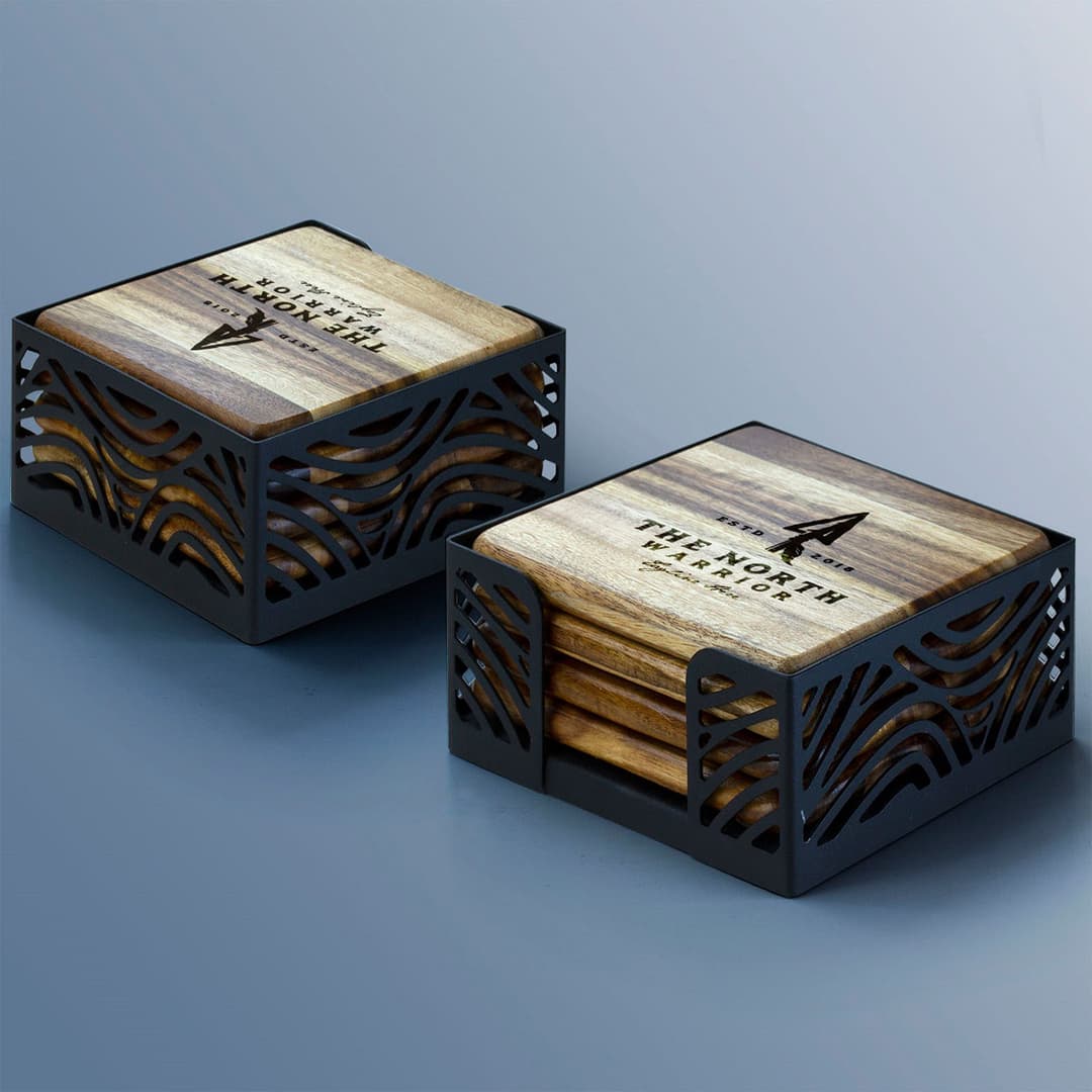 Acacia Wood Coaster: 4 Piece Set With Black Metal Stand