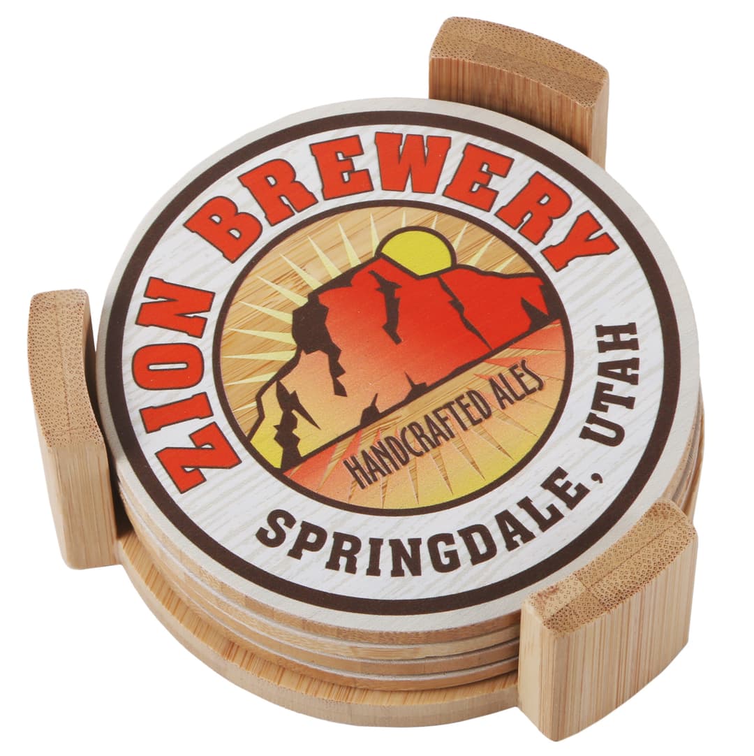 Bamboo Coasters: 4 Piece Round Set With Wood Stand