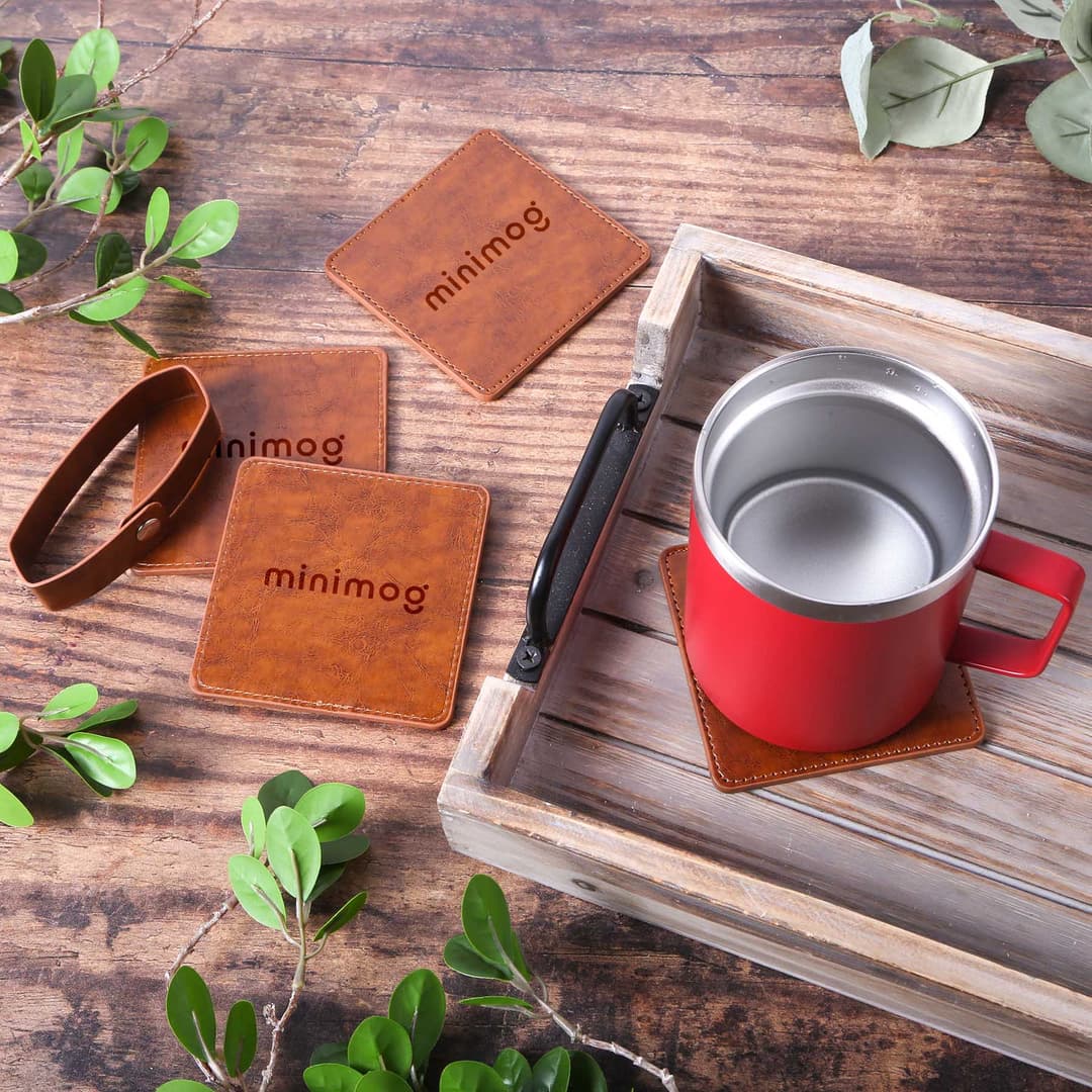 Watson Square Pu Leather Coaster: 4 Piece Set In Holder