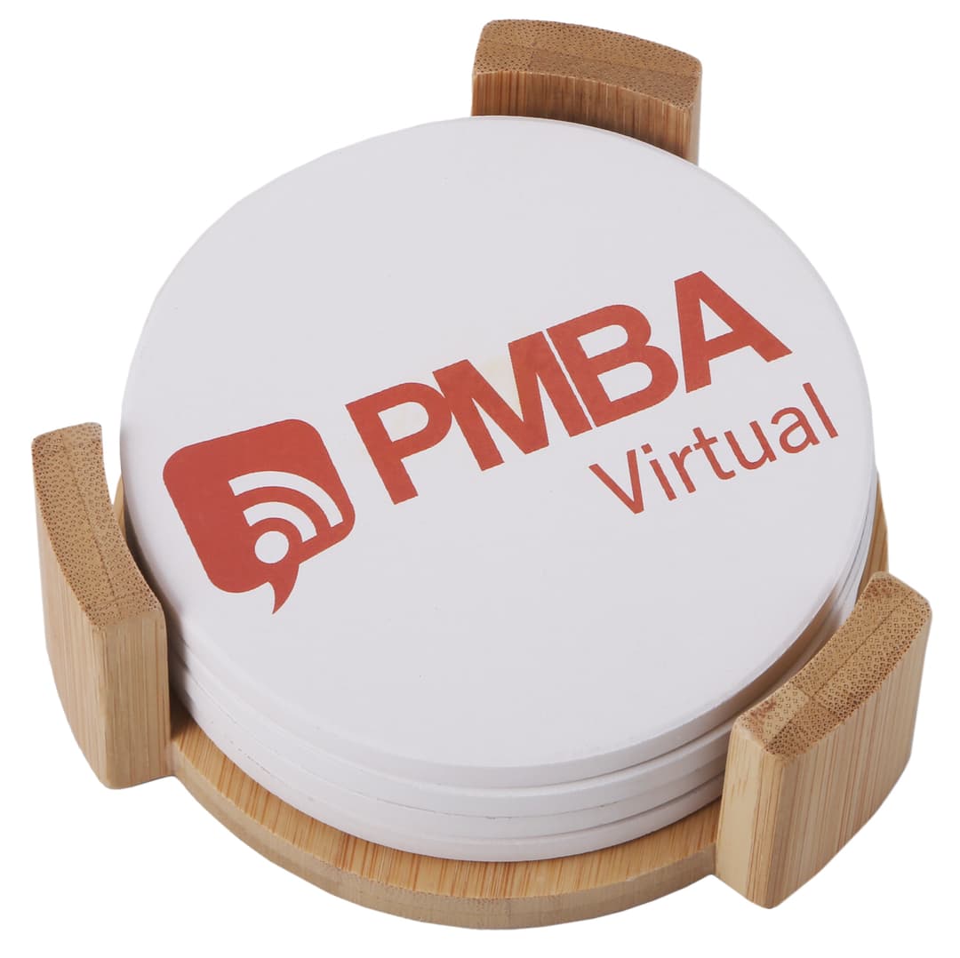 Round Ceramic Coaster: 4 Pc Set With Wood Stand