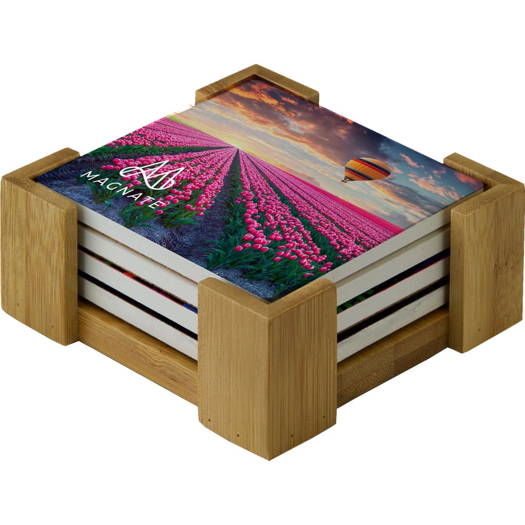 Square Ceramic Coaster: 4 Pc Set With Wood Stand