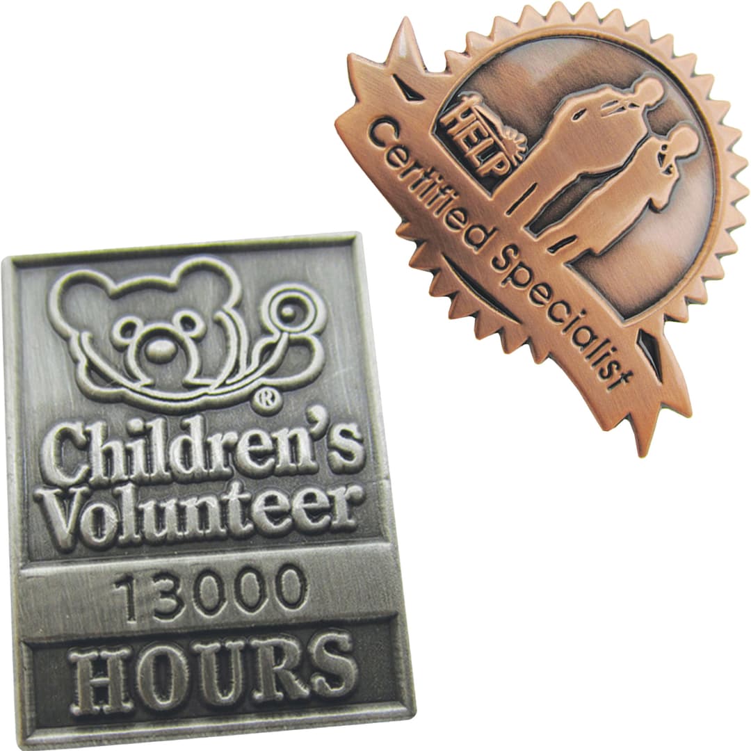 Diestruck Antiqued Lapel Pins: 1 1/2" W X 1 1/2" H