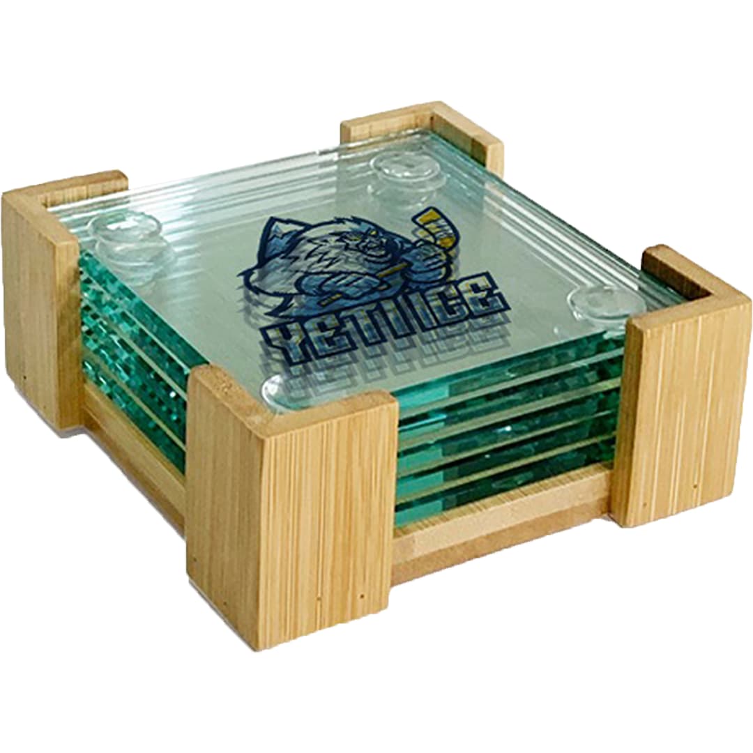 Square Glass Coasters: 5 Piece Set With Wood Stand