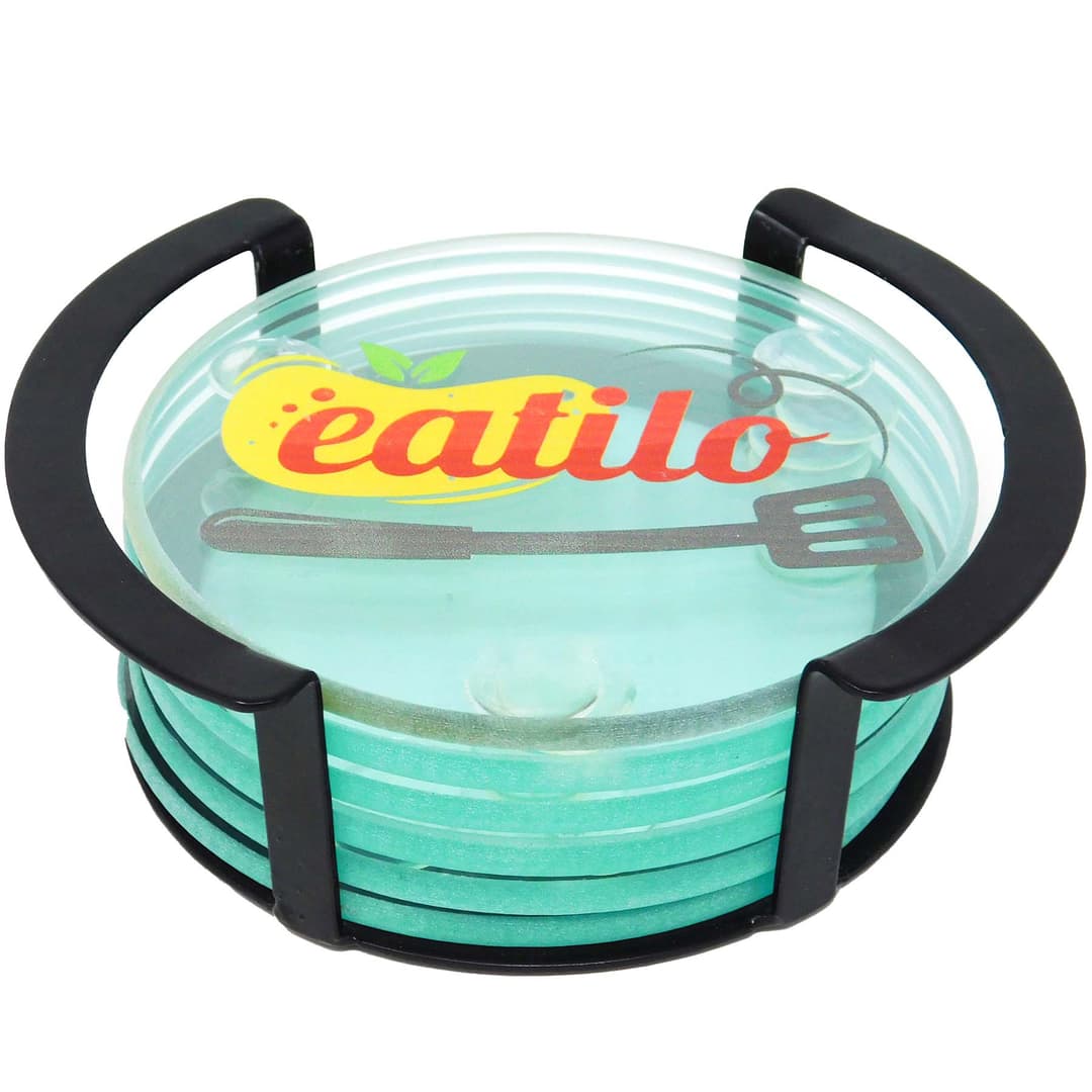 Round Glass Coasters: 6 Piece Set In Metal Stand