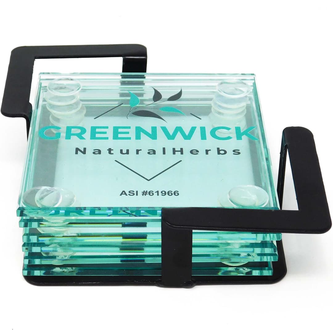 Square Glass Coasters: 6 Piece Set In Metal Stand