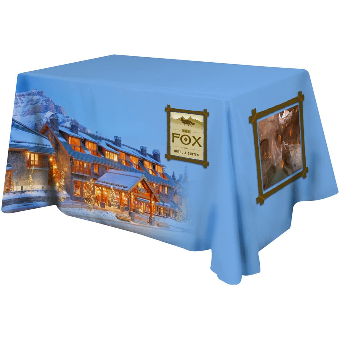 All Over Full Color rPET Polyester Dye Sub Table Cover - flat poly 3-sided, fits 4' table