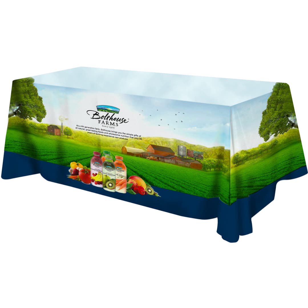 All Over Full Color rPET Polyester Dye Sub Table Cover - flat poly 3-sided, fits 8' table
