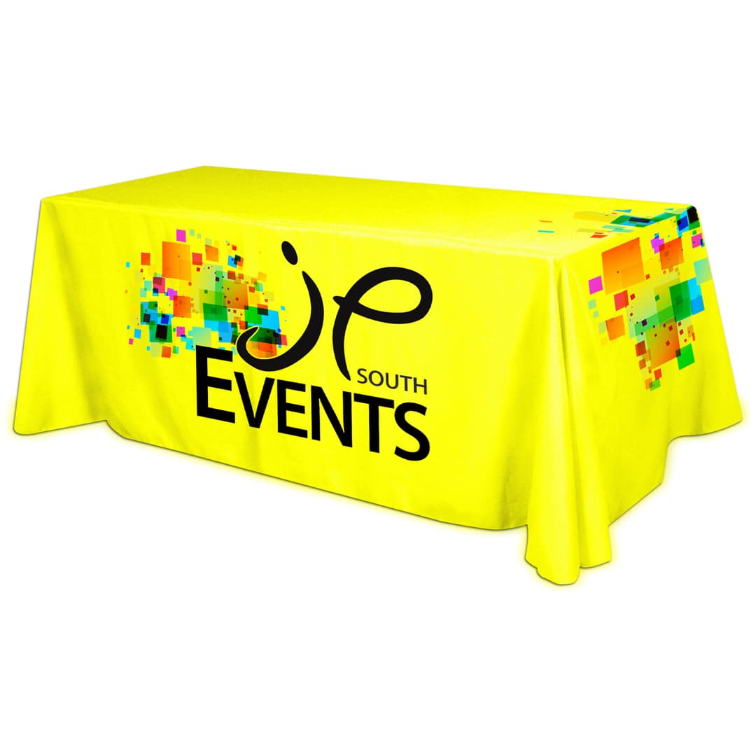 All Over Full Color rPET Polyester Dye Sub Table Cover - flat poly 4-sided, fits 8' table