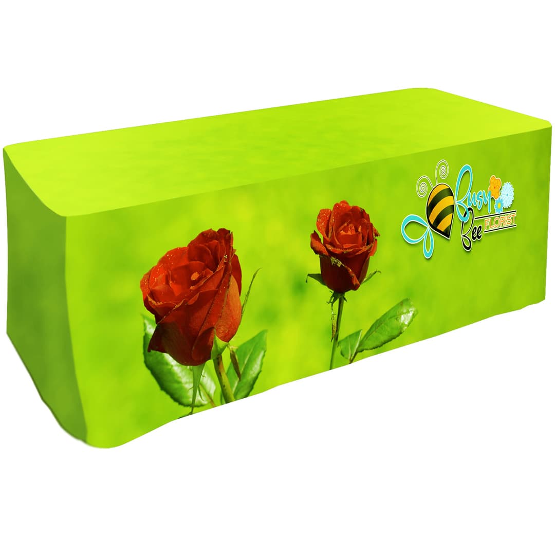 All Over Full Color rPET Polyester Dye Sub Table Cover - fitted poly 3-sided, fits 6' table