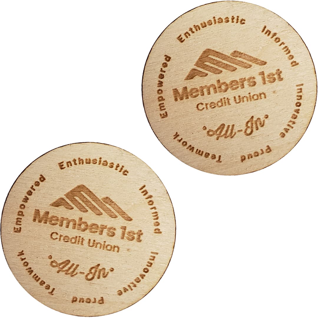 Wood Lapel Pins: 1" W X 1" H