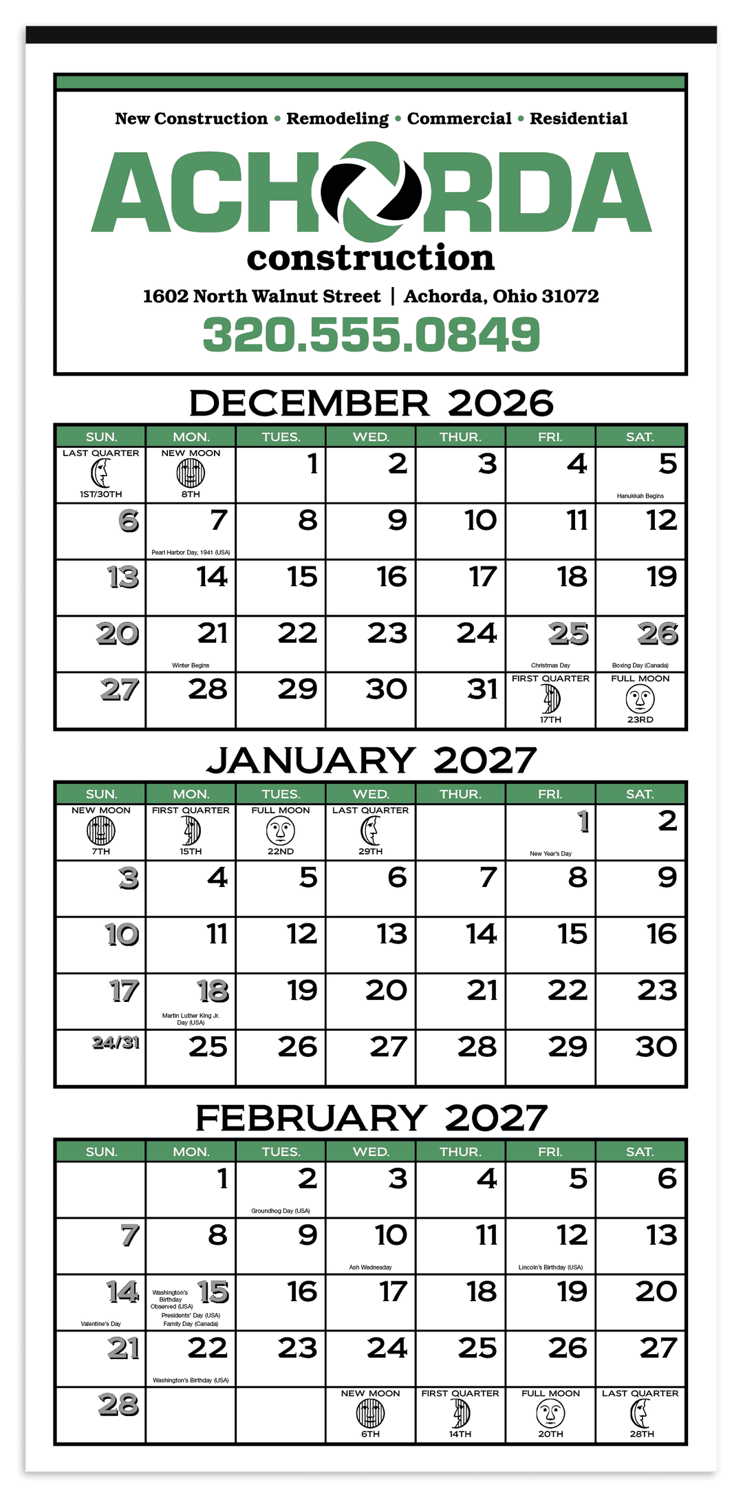 3-Month Display 12-Sheet Calendar