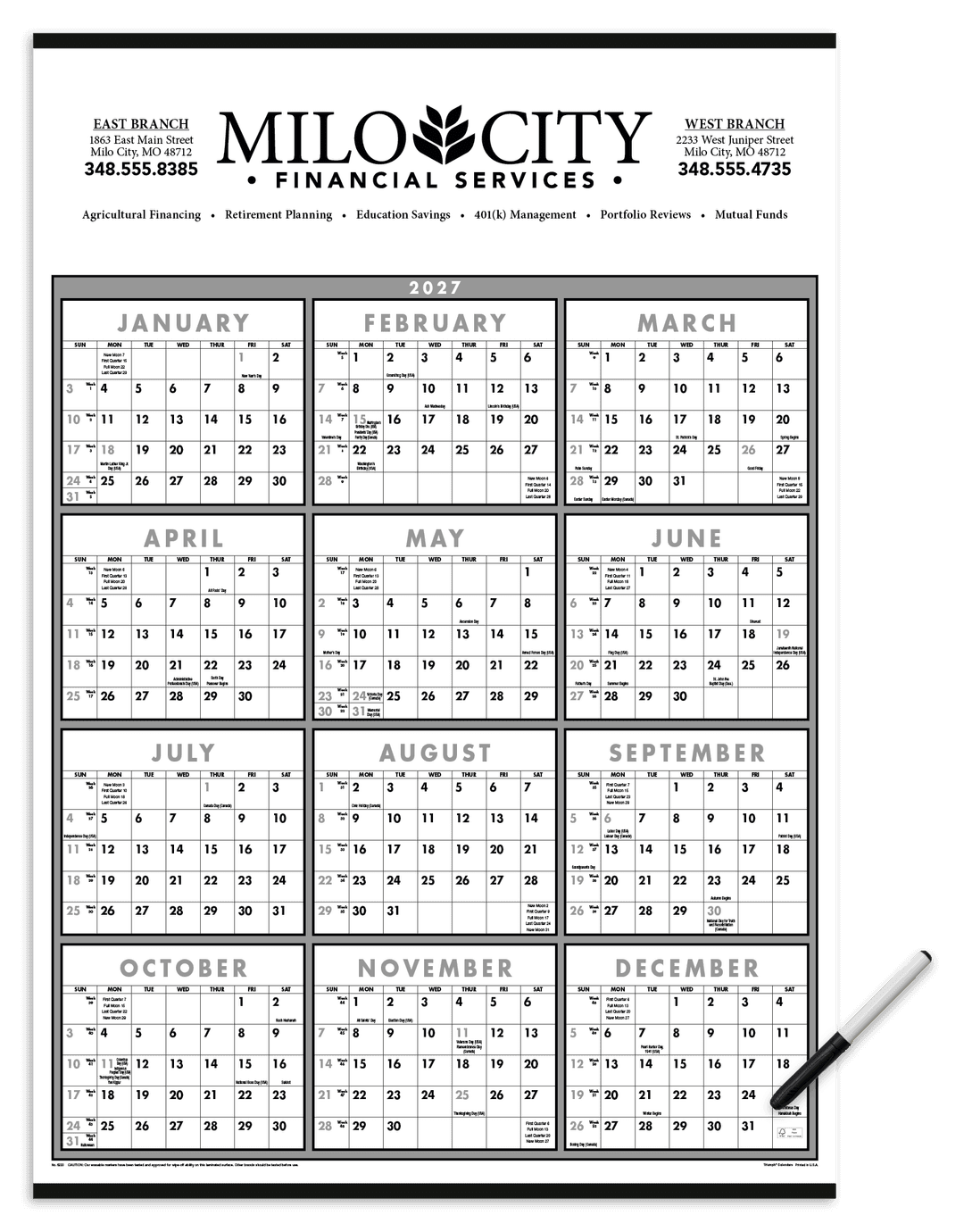 Black & White Span-A-Year Laminated w/Marker Calendar