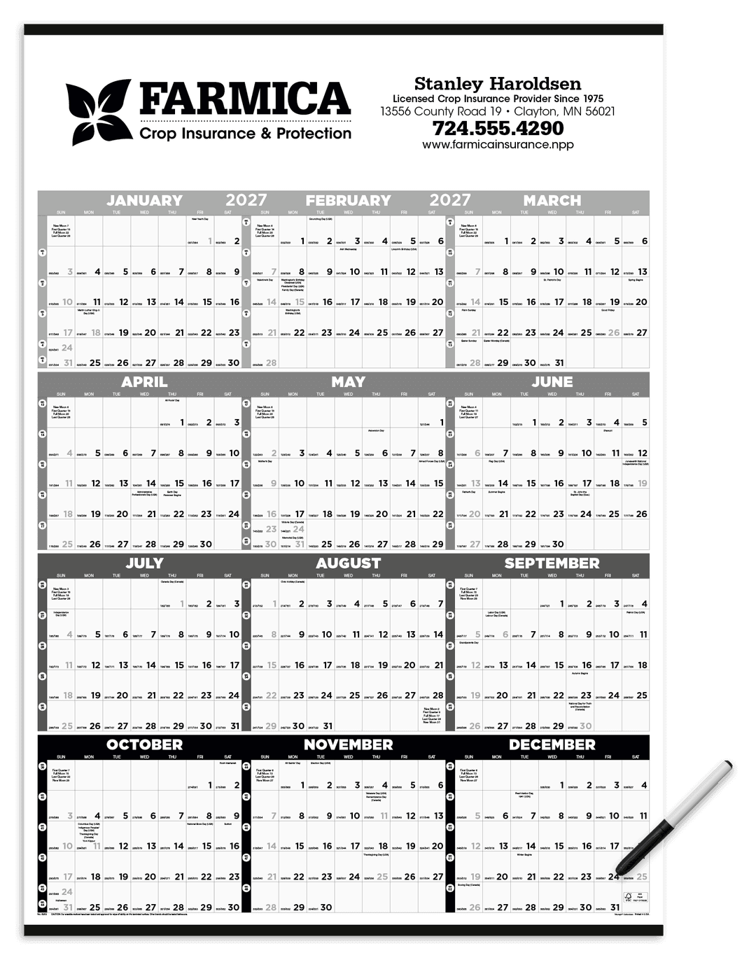 Black & White Time Management Span-A-Year Laminated w/Marker Calendar