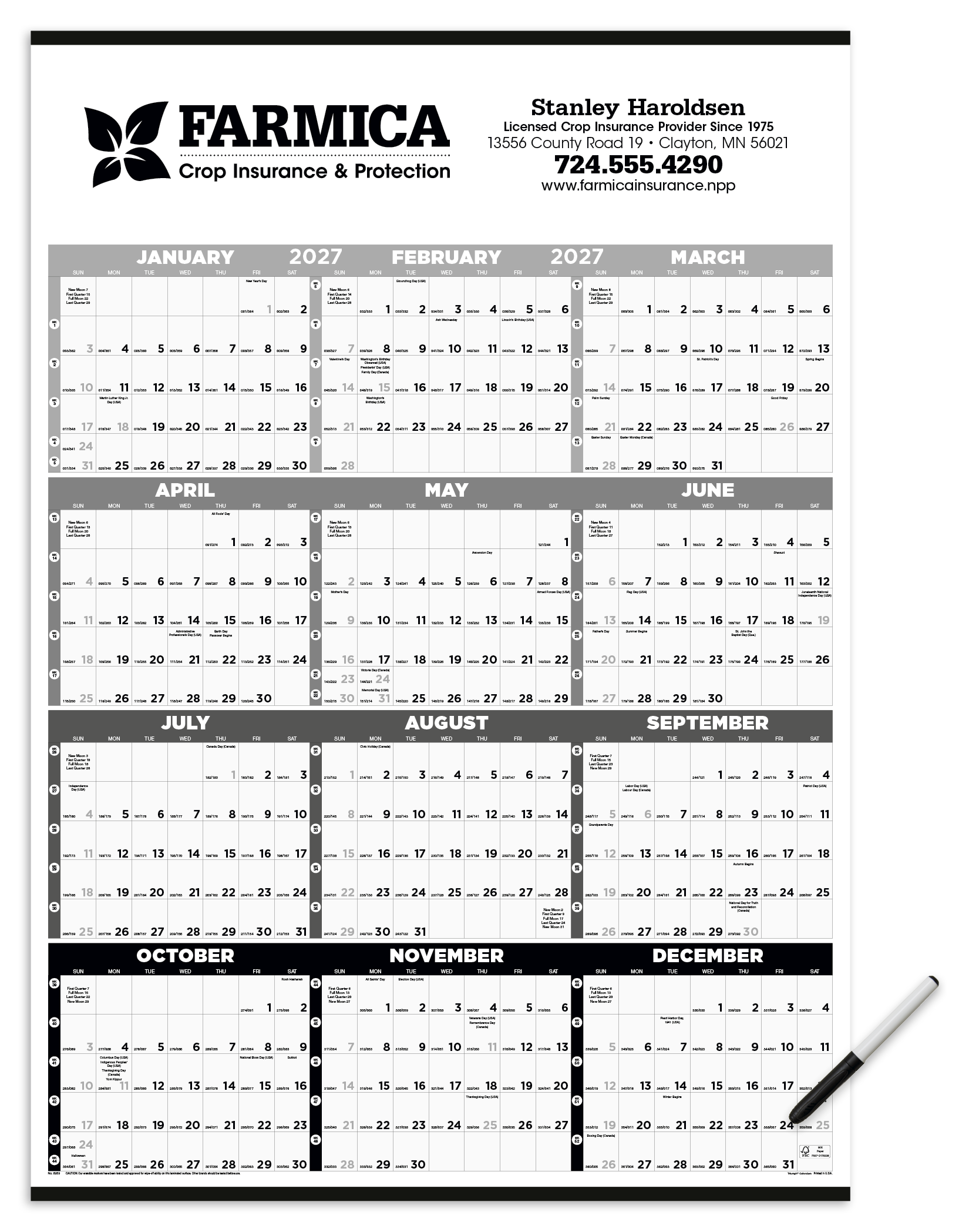 Black & White Time Management Span-A-Year Laminated w/Marker Calendar