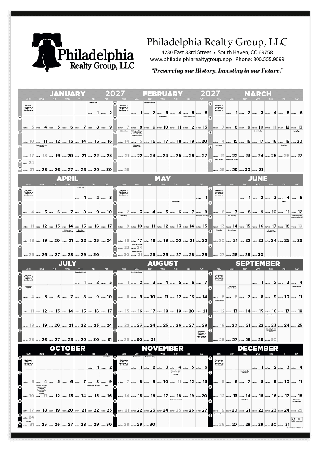 Black & White Time Management Span-A-Year Non-Laminated Calendar